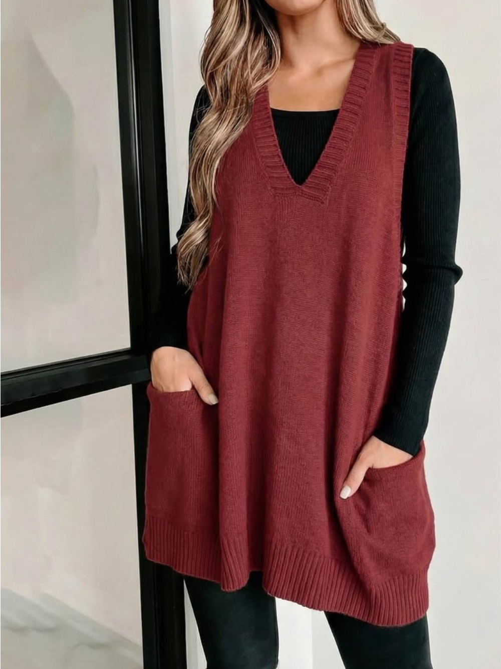 V-Neck Burgundy Sleeveless Knit Tunic Sweater